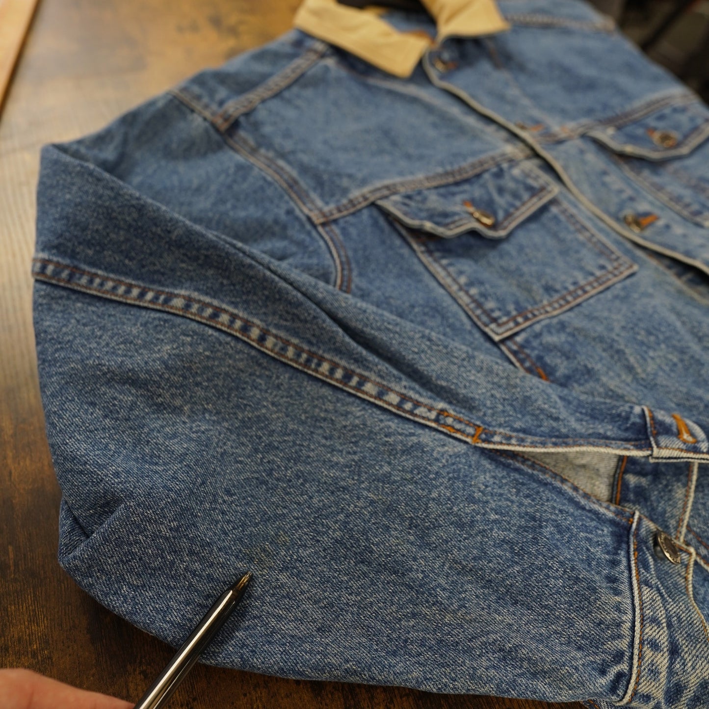 Men's M Vintage 90s Timberland Trucker Weathergear Classic Denim Jacket Leather Collar