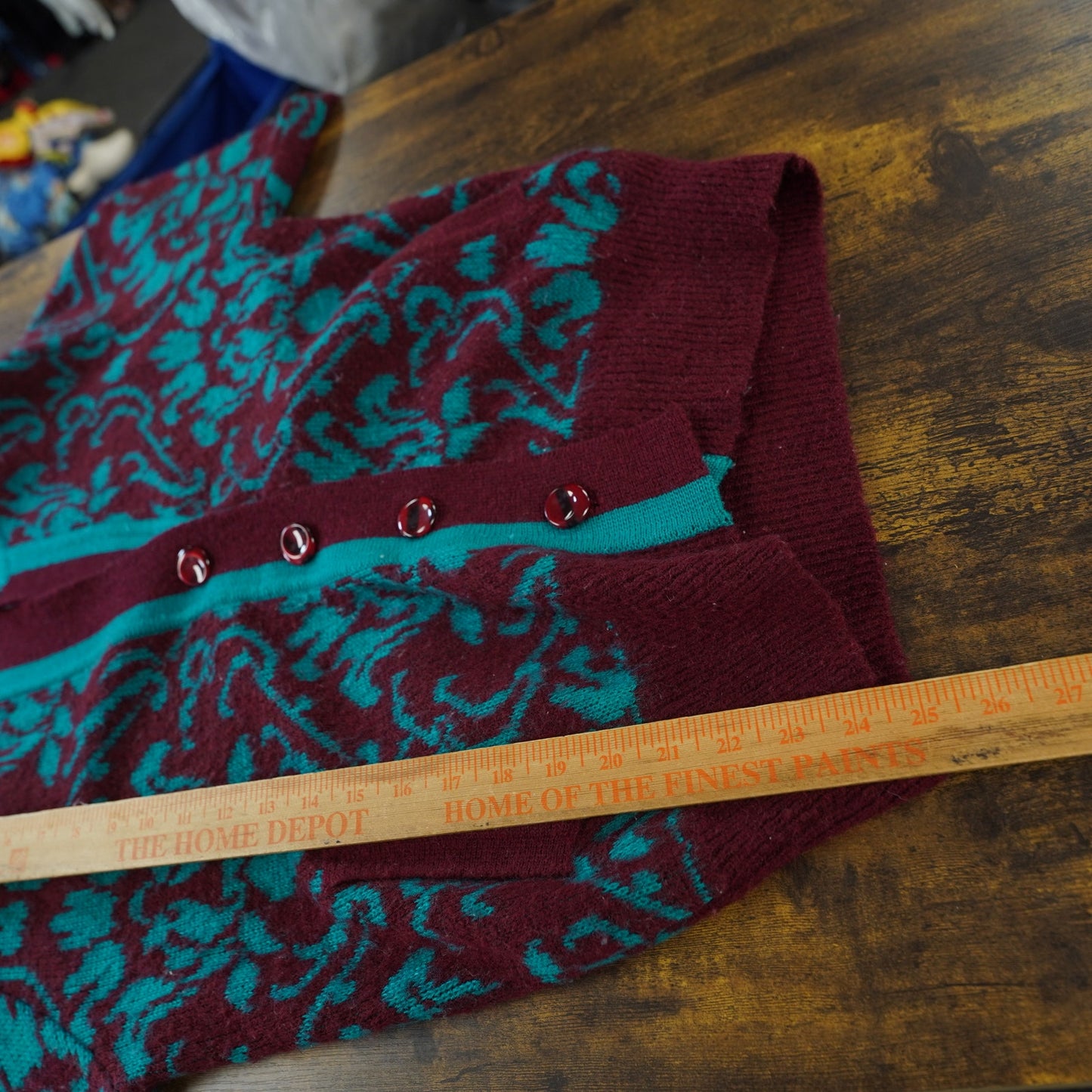 (Women's L) Vintage Illustrations Wool Floral Knit Cardigan Paisley Teal Red