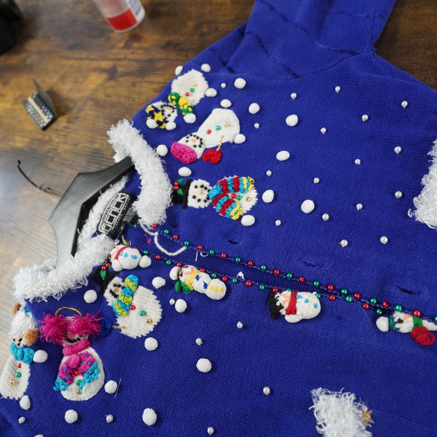 (M) Vintage Crazy Christmas Sweater Knit Cardigan Women's M Snowman Frosty Blue Xmas