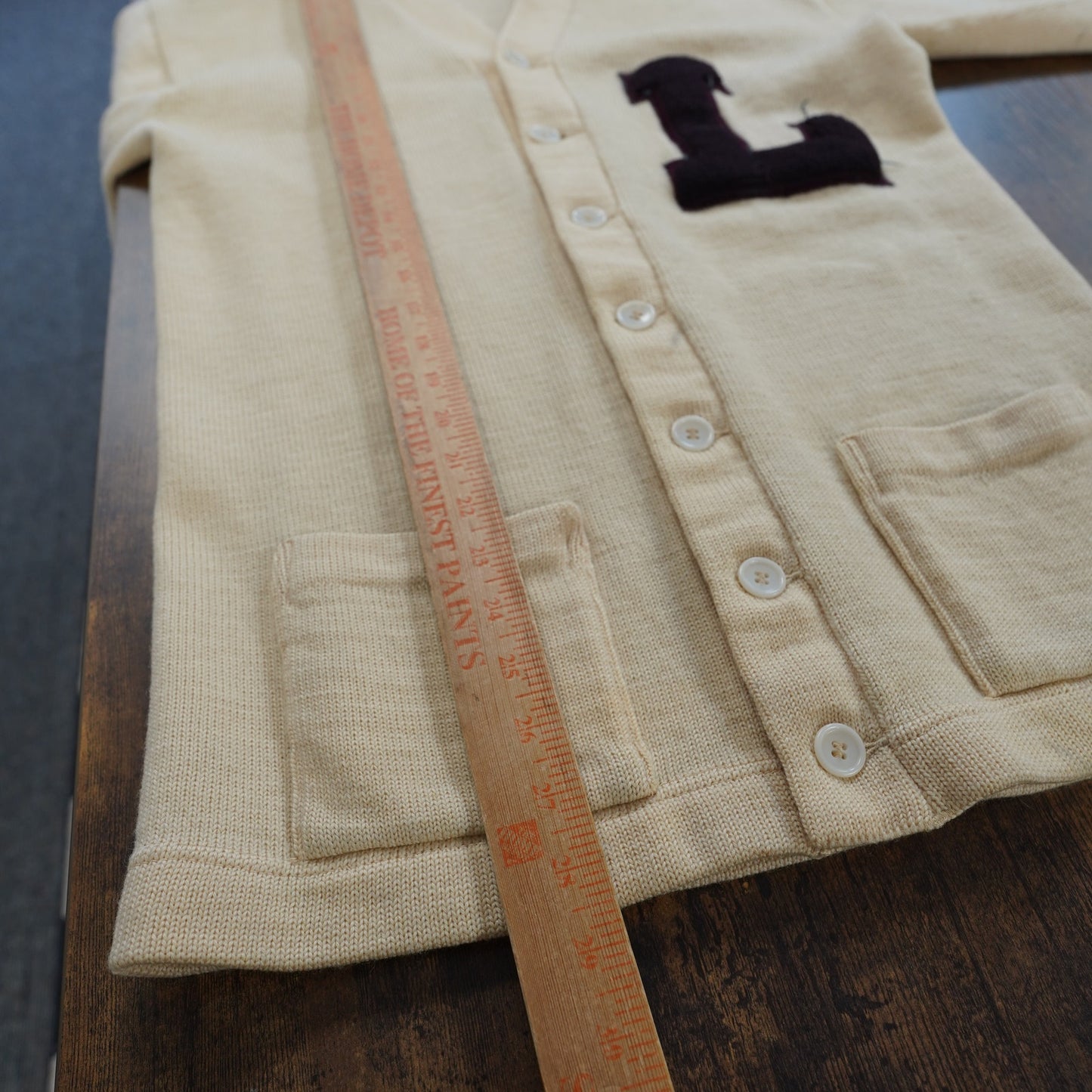 (S) True Vintage 1940s-50s Letterman Knit Wool Cardigan Sweater "L" Men's S Tan