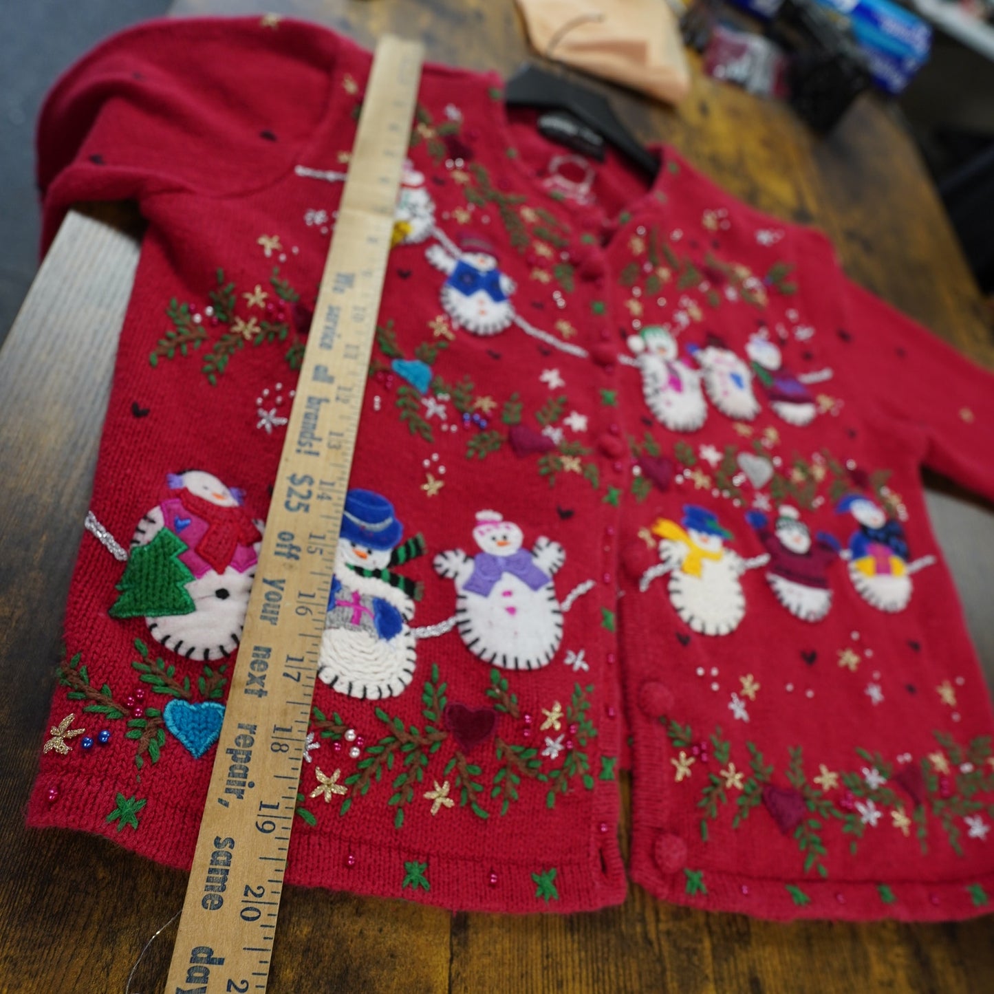 (Women's M) Vintage Holiday Knit Christmas Cardigan Sweater Women's M Snowman Stitch Frosty