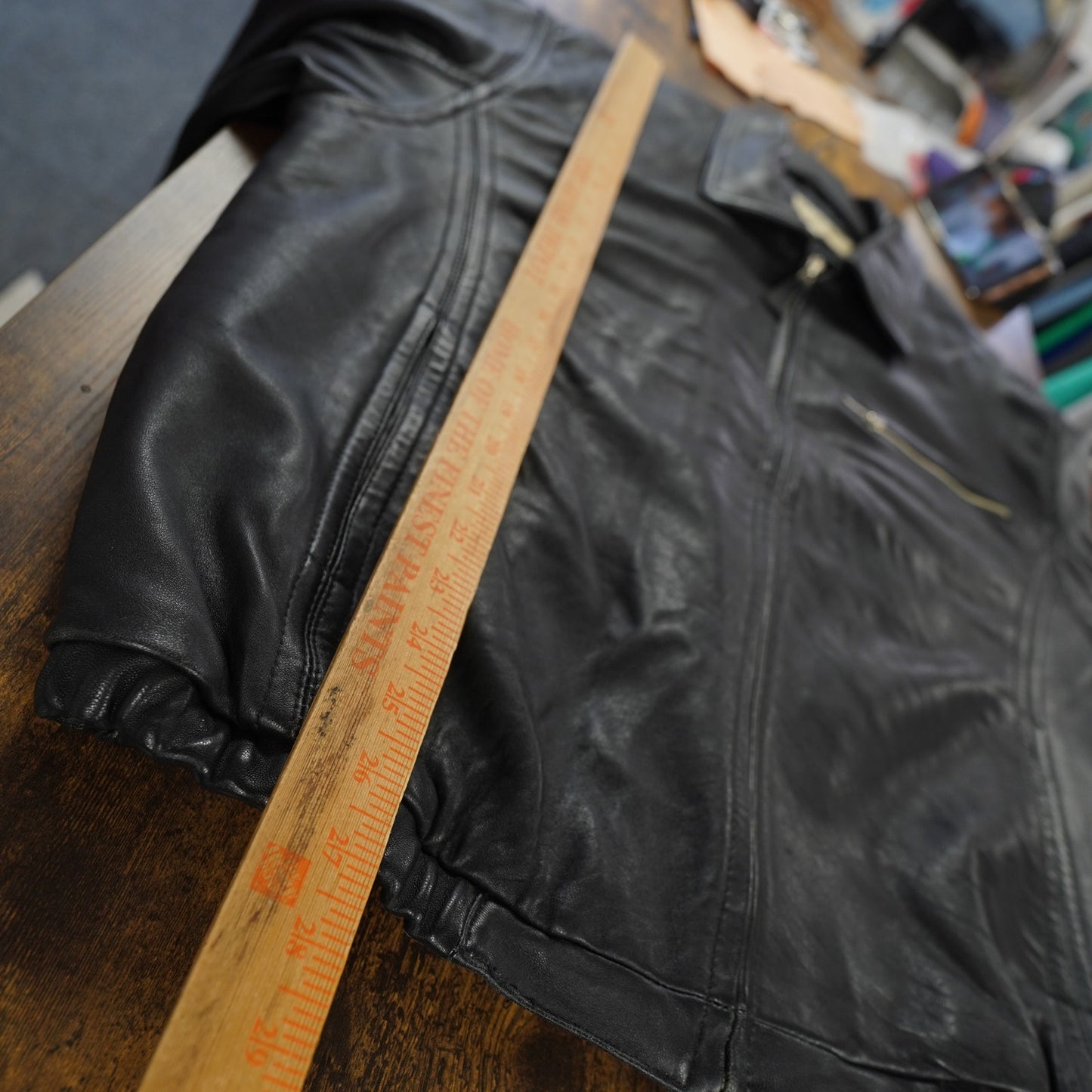 (L) Vintage Perry Ellis Lambskin Leather Black Bomber Jacket Men's L Pilot Retro