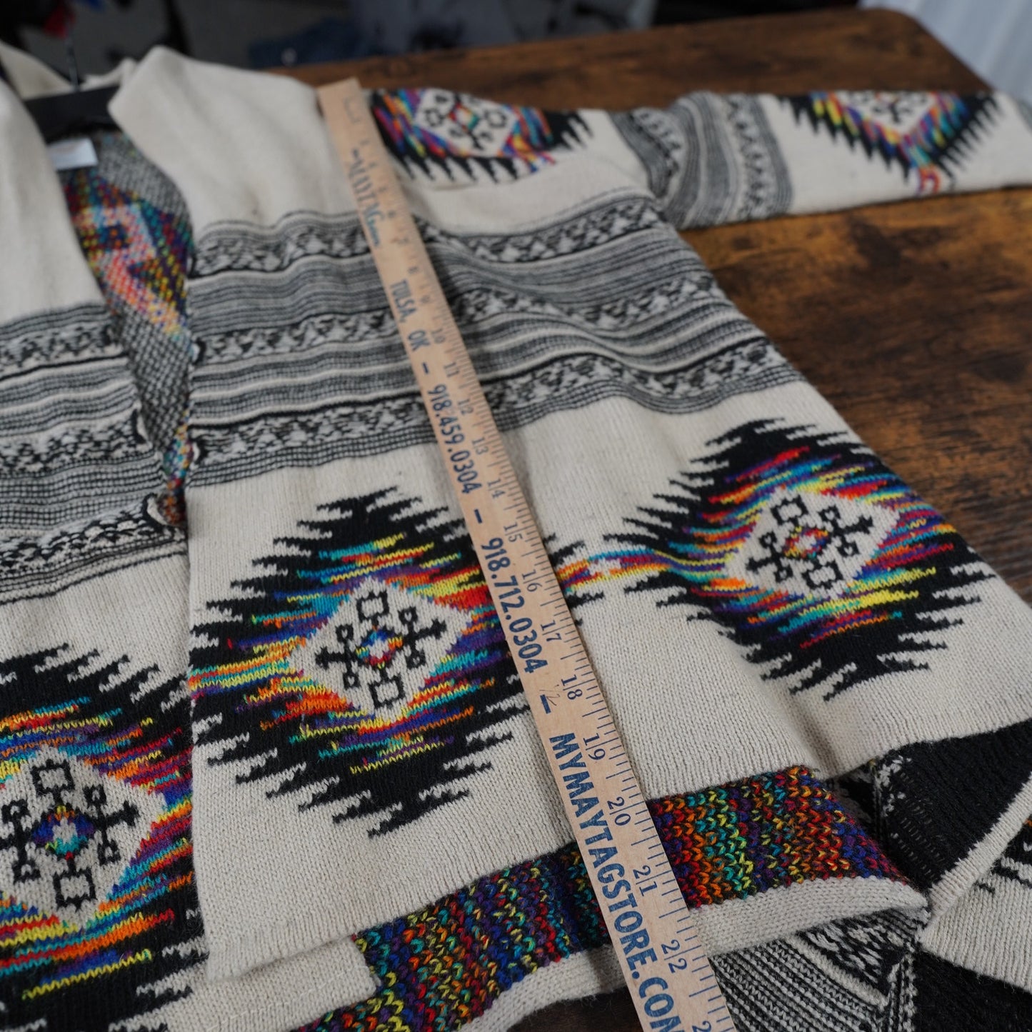 (Women's L) Anthropologie Northern Angel Aztec Print Open Waterfall Draped Cardigan Sweater