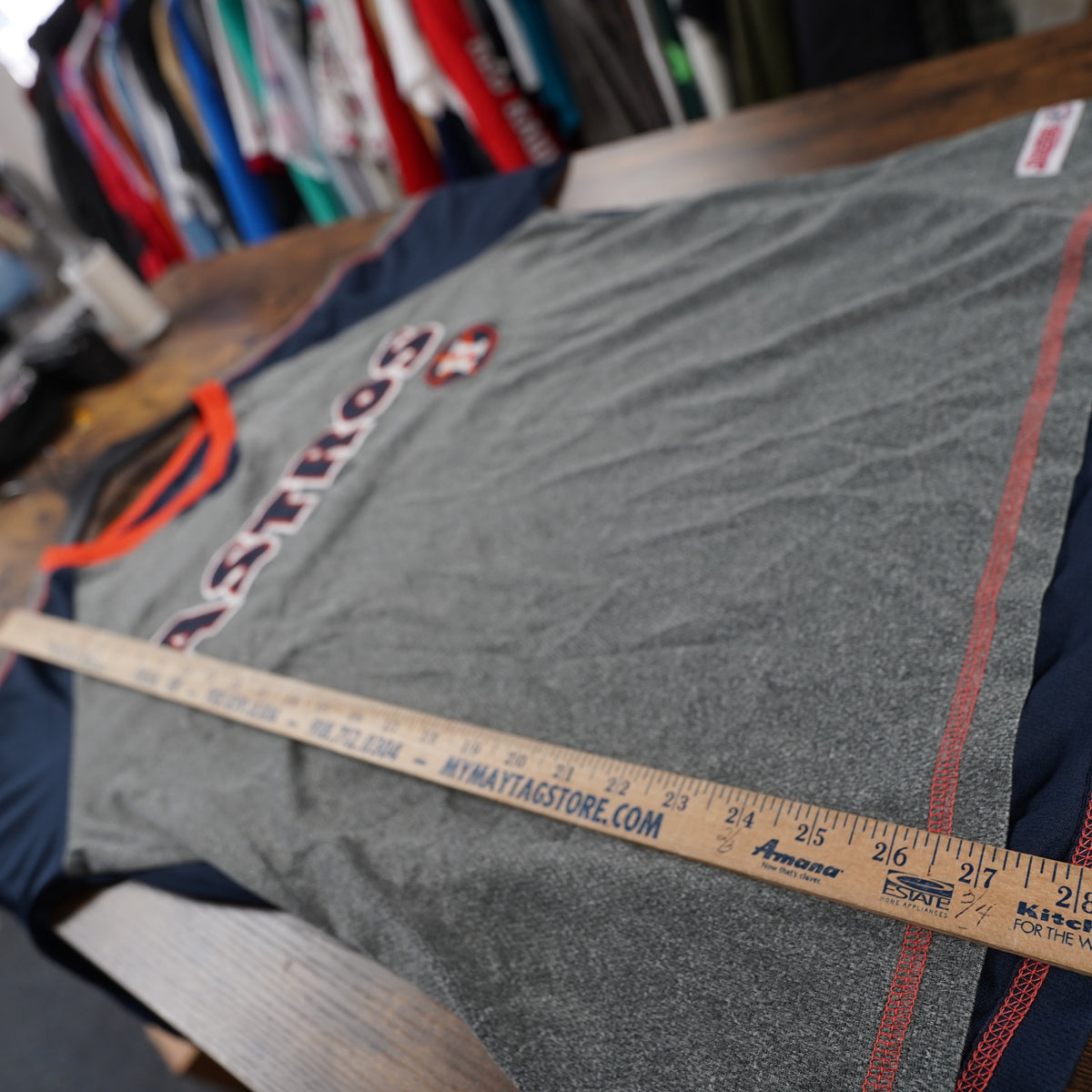 (L) Stitches Houston Astros Jersey Mens Large Grey Navy Sewn Embroidered Retro VNeck
