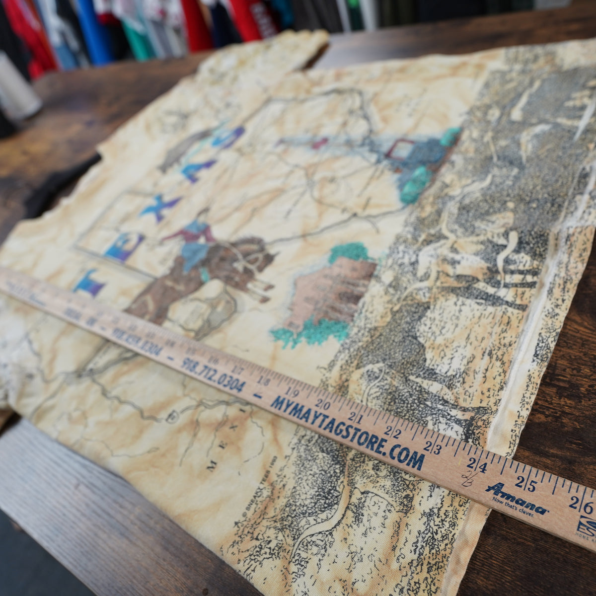 (L) Vintage 90s Oneita Texas Western Cowboy AOP All Over Print Map T-Shirt Large