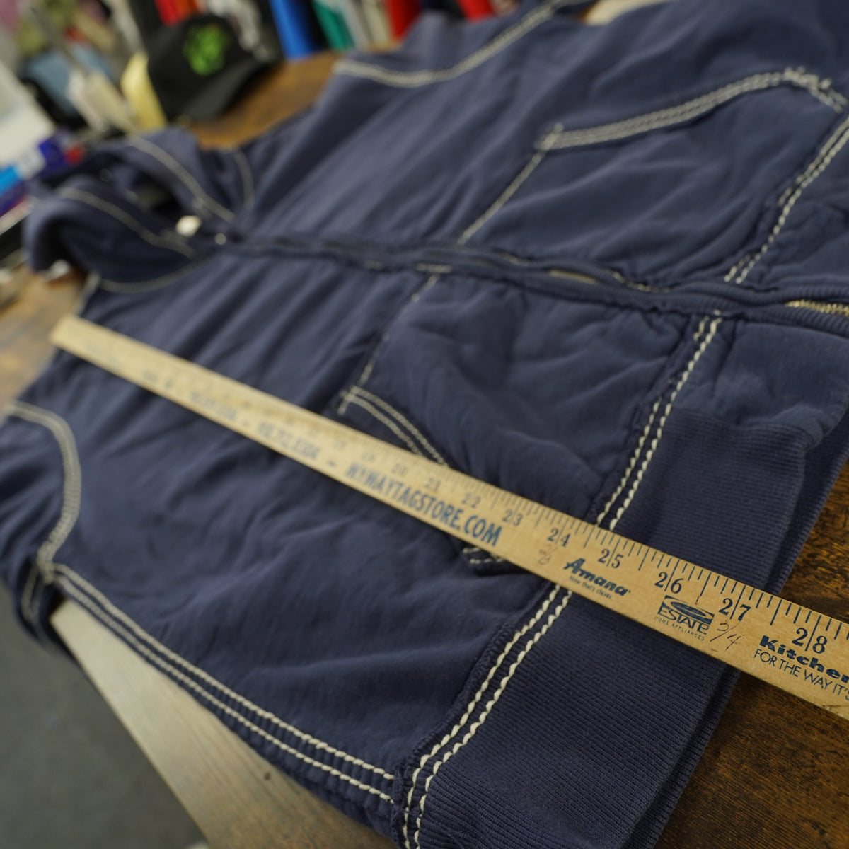 (3XL) True Religion Vintage 2000s Big T Stitch Zip Up Hoodie Navy Blue XXXL