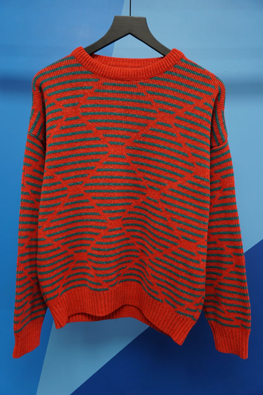 (L/XL) USA Made Orange & Green Knit Sweater