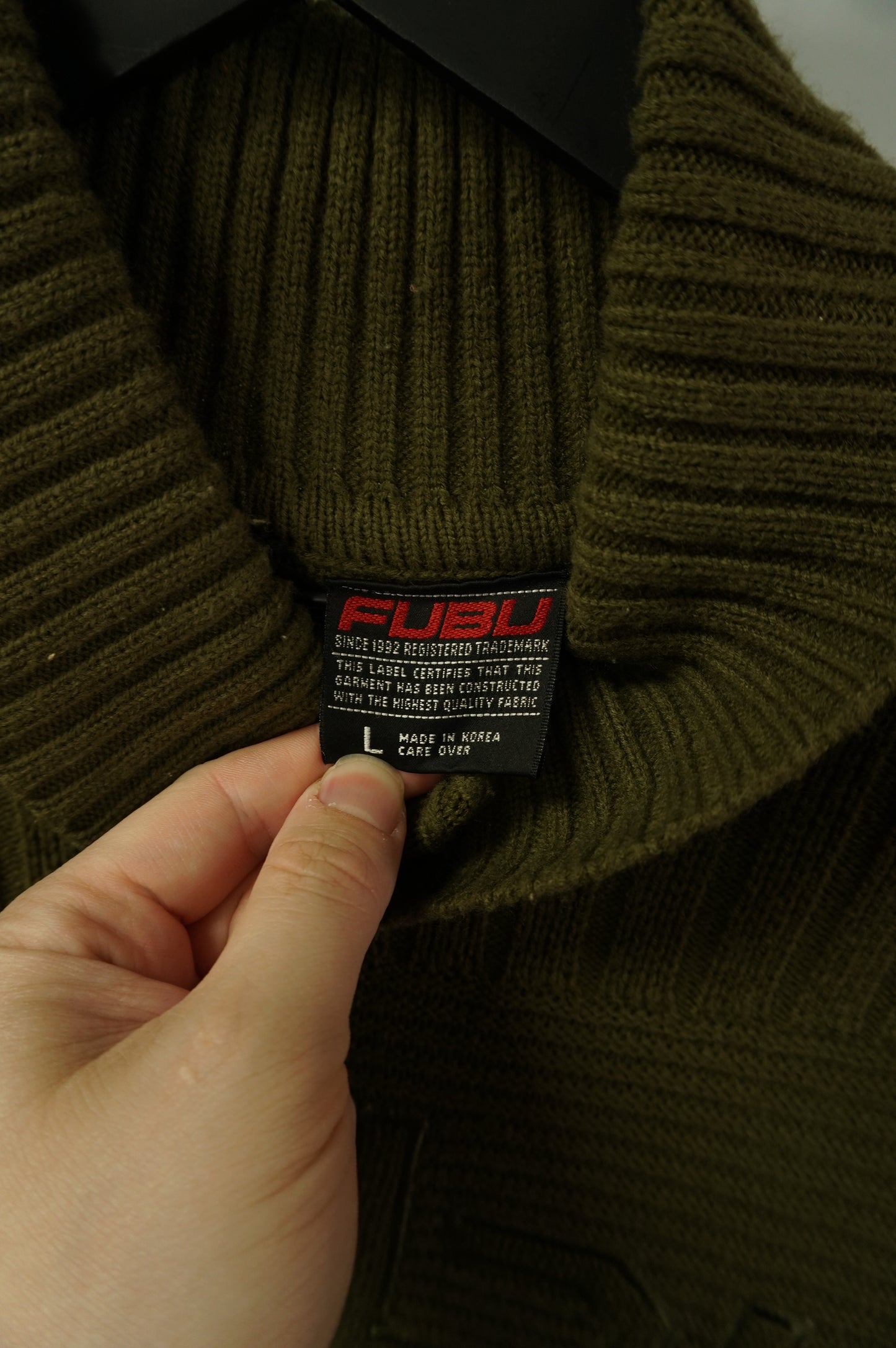 (L/XL) Olive Green Fubu Knit Turtleneck Sweater