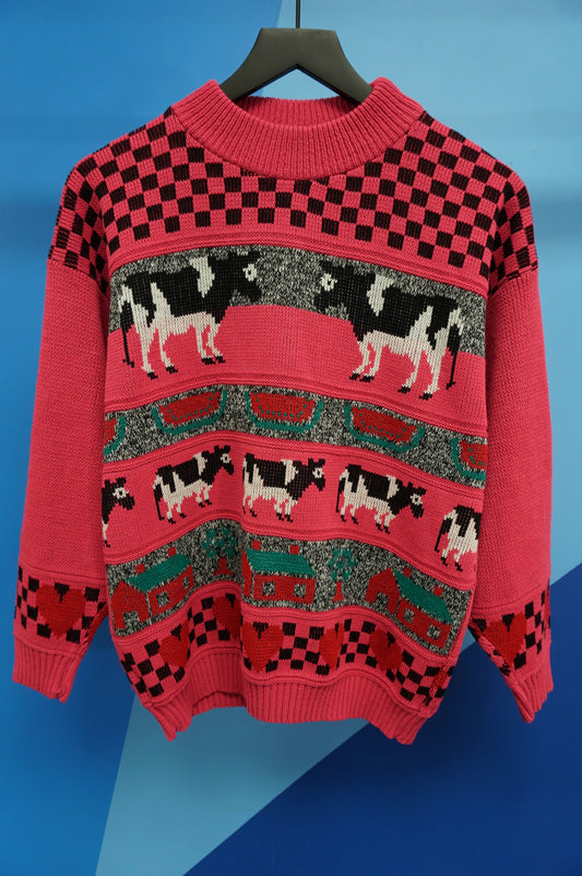 (M) USA Made Pink Knit Cow Sweater