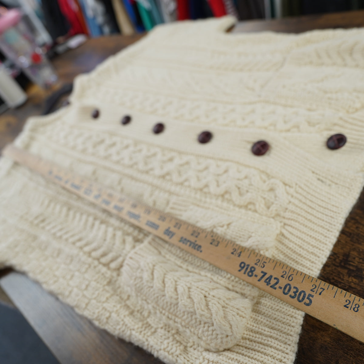 (L) Tivoli Aran Pure New Wool Cardigan Sweater Mens Large Cream Fair Isle Cable Knit