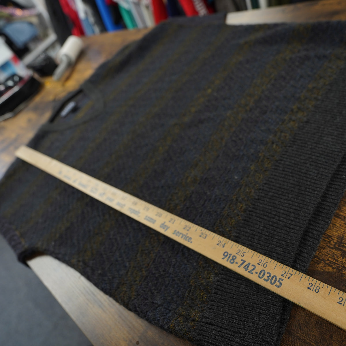(XL) Jantzen Classics Mens XL V-Neck Sweater 90s Preppy Striped Knit Grey Blue XL/EG