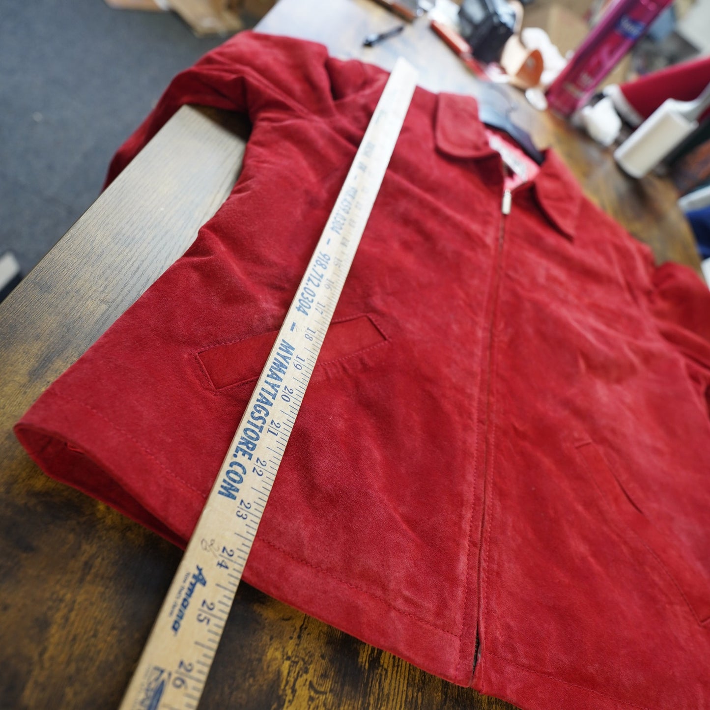 (Women's M) Vintage Clio Red Suede Leather Jacket Women's M Sz. 10 Glam Preppy Full Zip 90s
