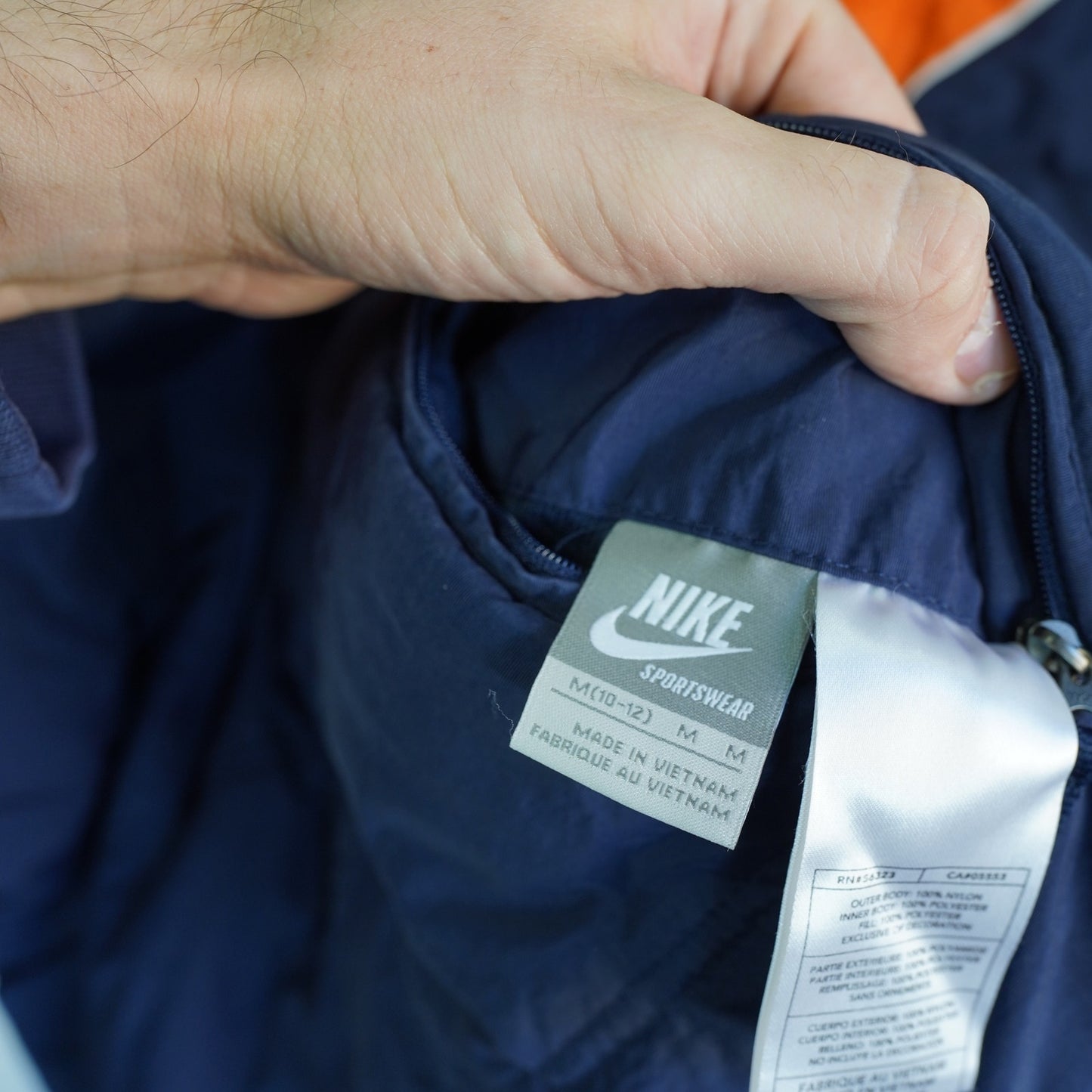 (Youth M) Nike Puffer Jacket Reversible 10-12 Big Swoosh Two-Tone Orange Navy
