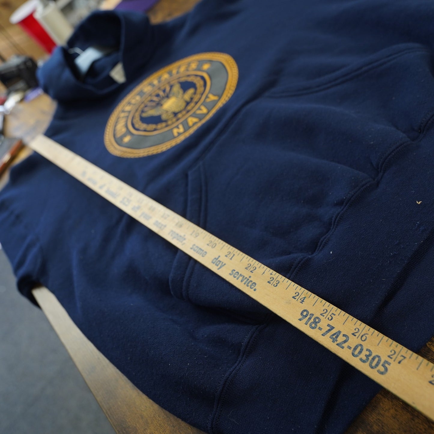(L) Vintage US Navy Big Logo Pullover Hoodie Men's L Blue Gold Retro