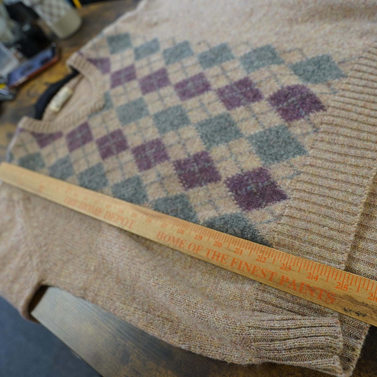 (L) Vintage Lord Jeff Shetland Wool Knit Sweater Men's L V-Neck Argyle Pattern Tan