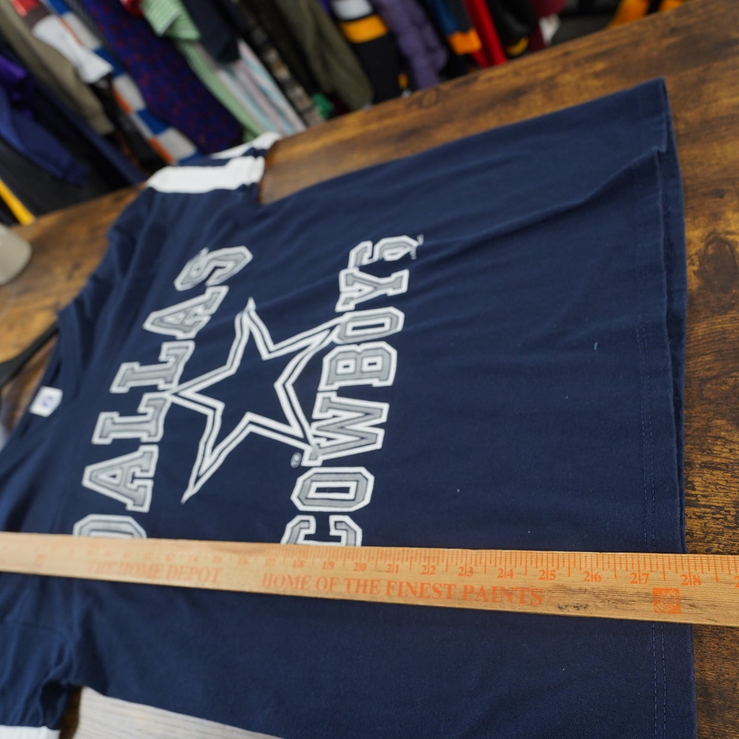 (L) Vintage Dallas Cowboys Logo 7 Jersey T-Shirt Men's L Navy Blue 90s Retro V-Neck