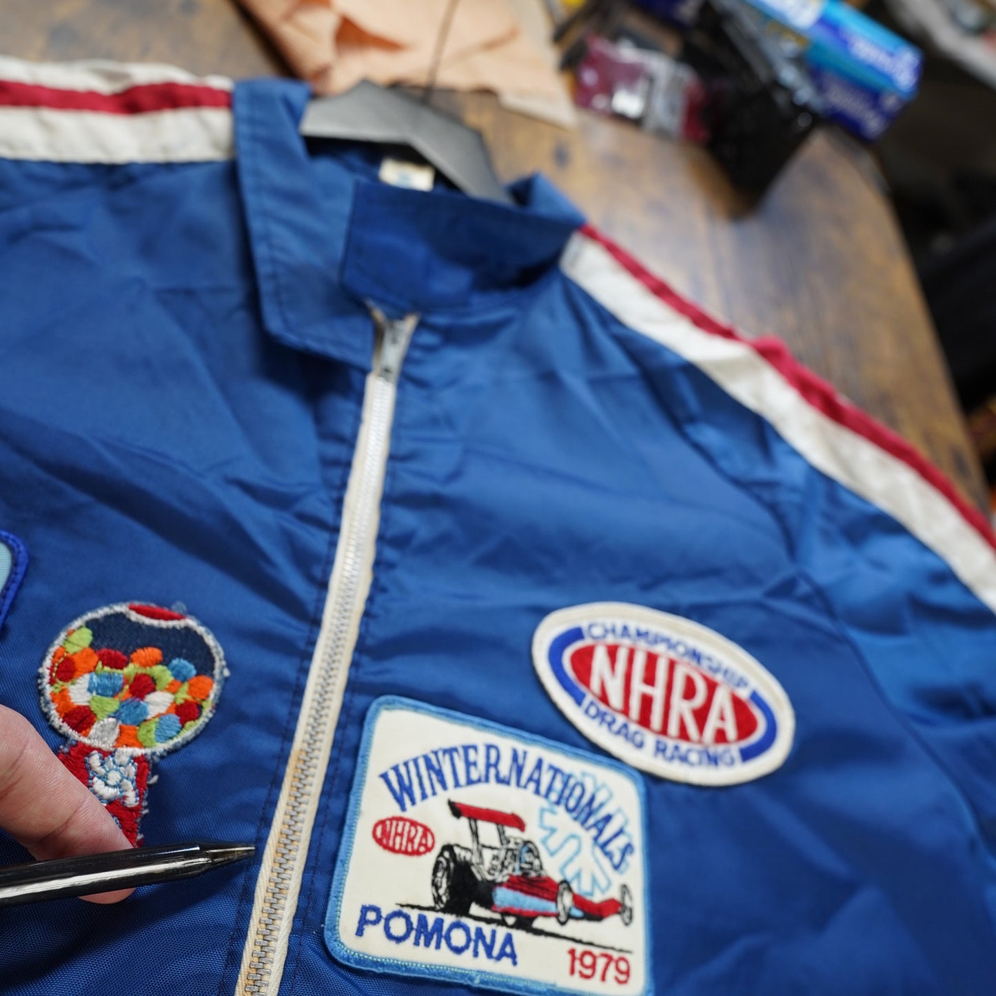(M) True Vintage NHRA Drag Racing Beer Patchwork Motorcycle Jacket Men's M Blue 70s