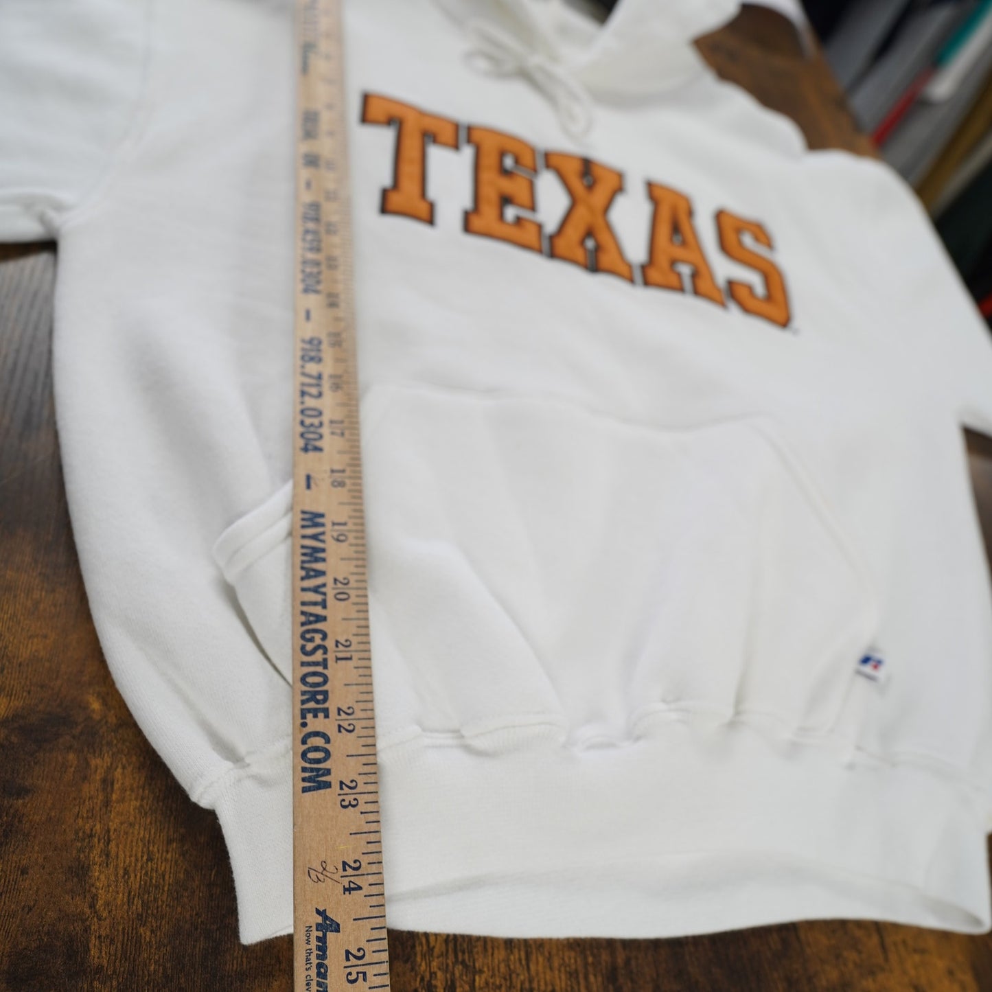 (M) Vintage Russell Athletic Texas Longhorns Embroidered Hoodie Men's M White Sewn