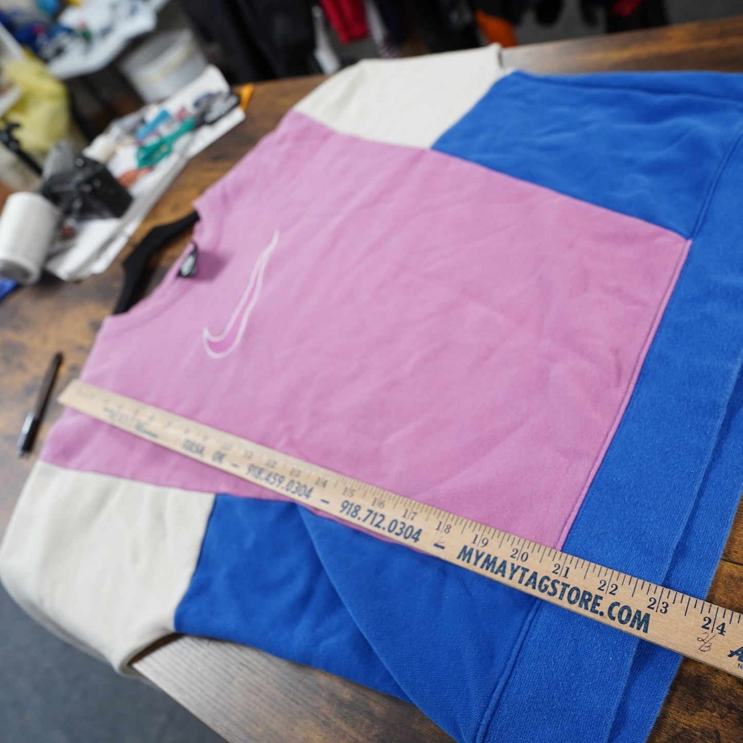 (Women's L) Nike Big Center Swoosh Cut & Sew Sweatshirt Retro Pink Blue Crewneck