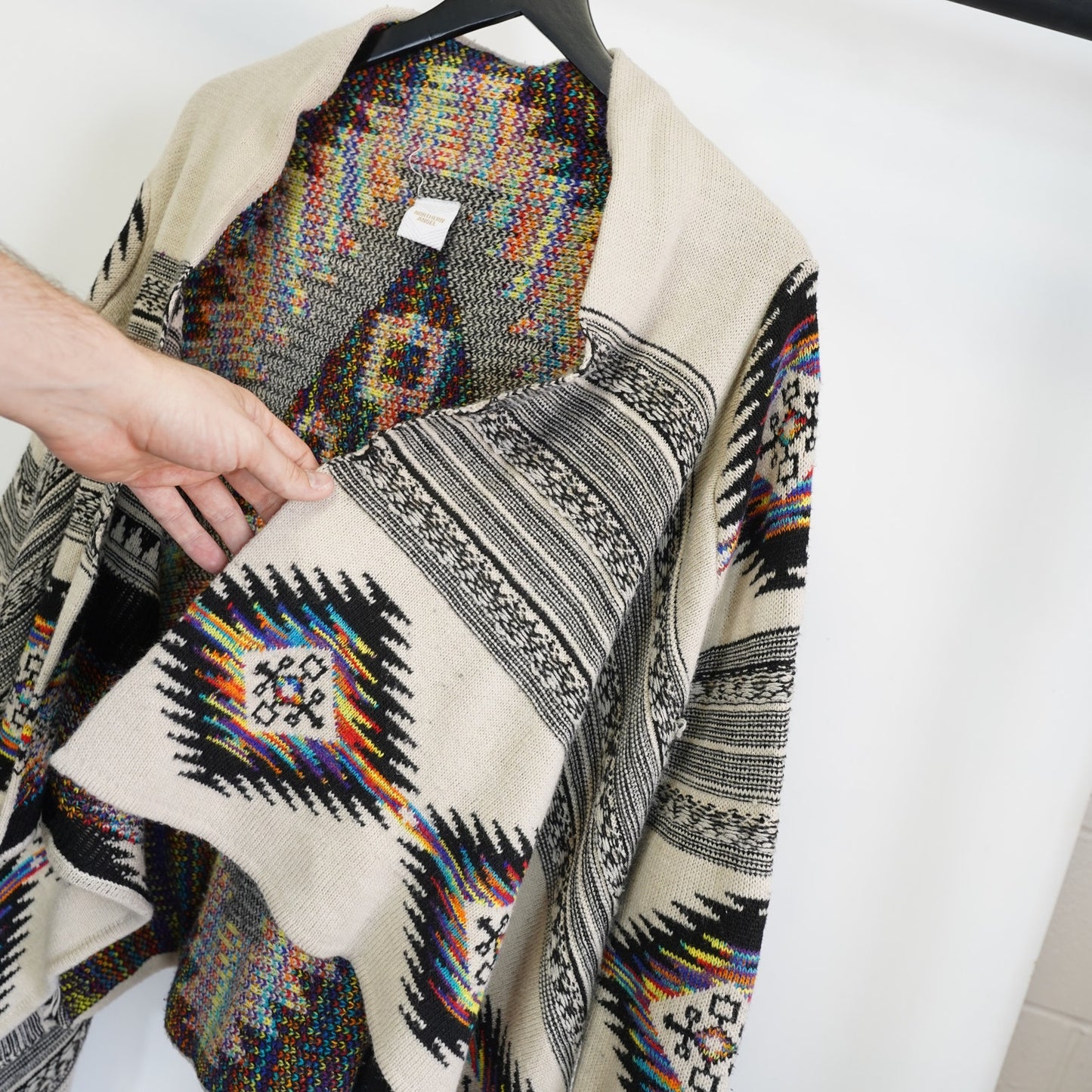 (Women's L) Anthropologie Northern Angel Aztec Print Open Waterfall Draped Cardigan Sweater