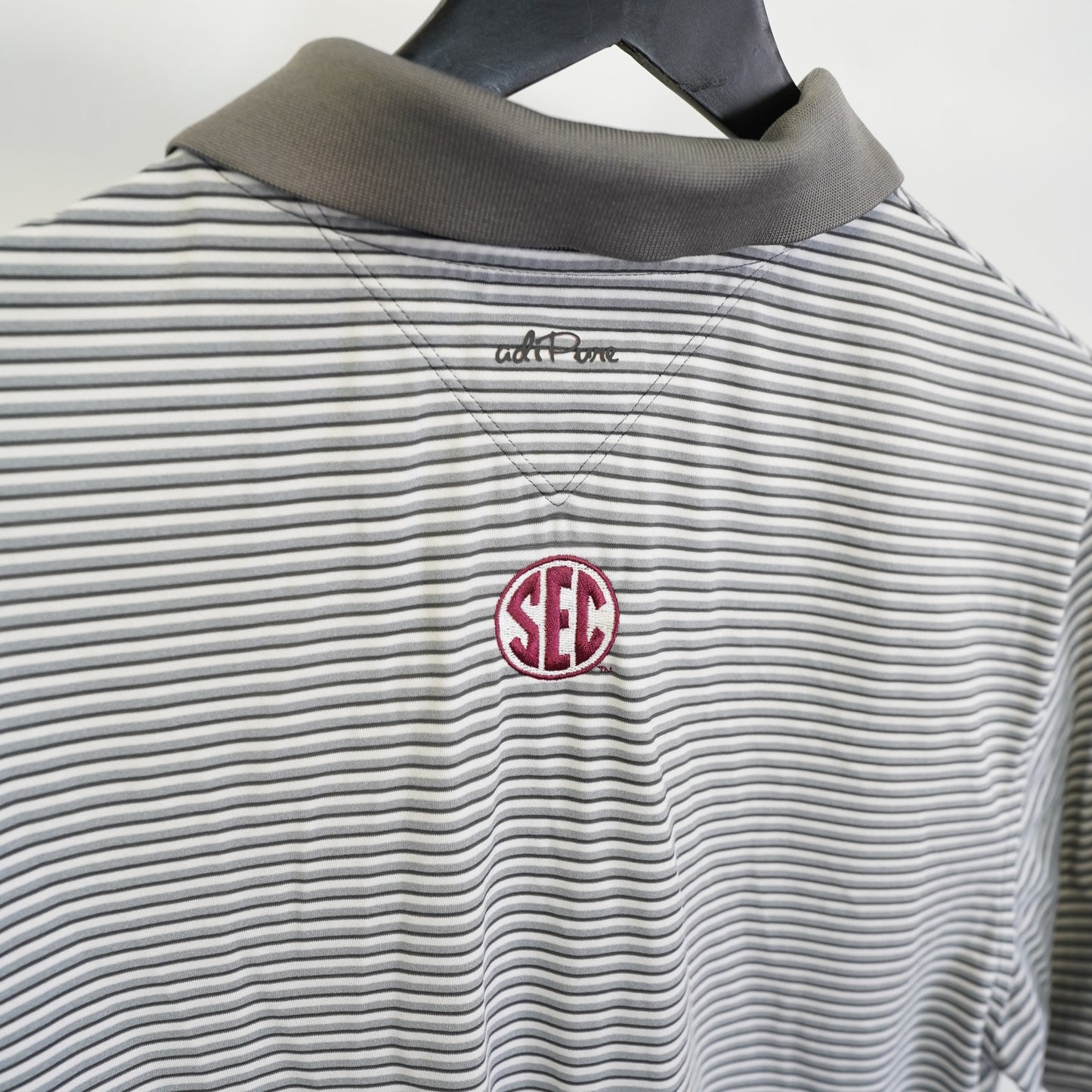 (L) Texas A&M Golf Adidas Adi Pure Striped Performance Polo Shirt Men's L Gray Sewn
