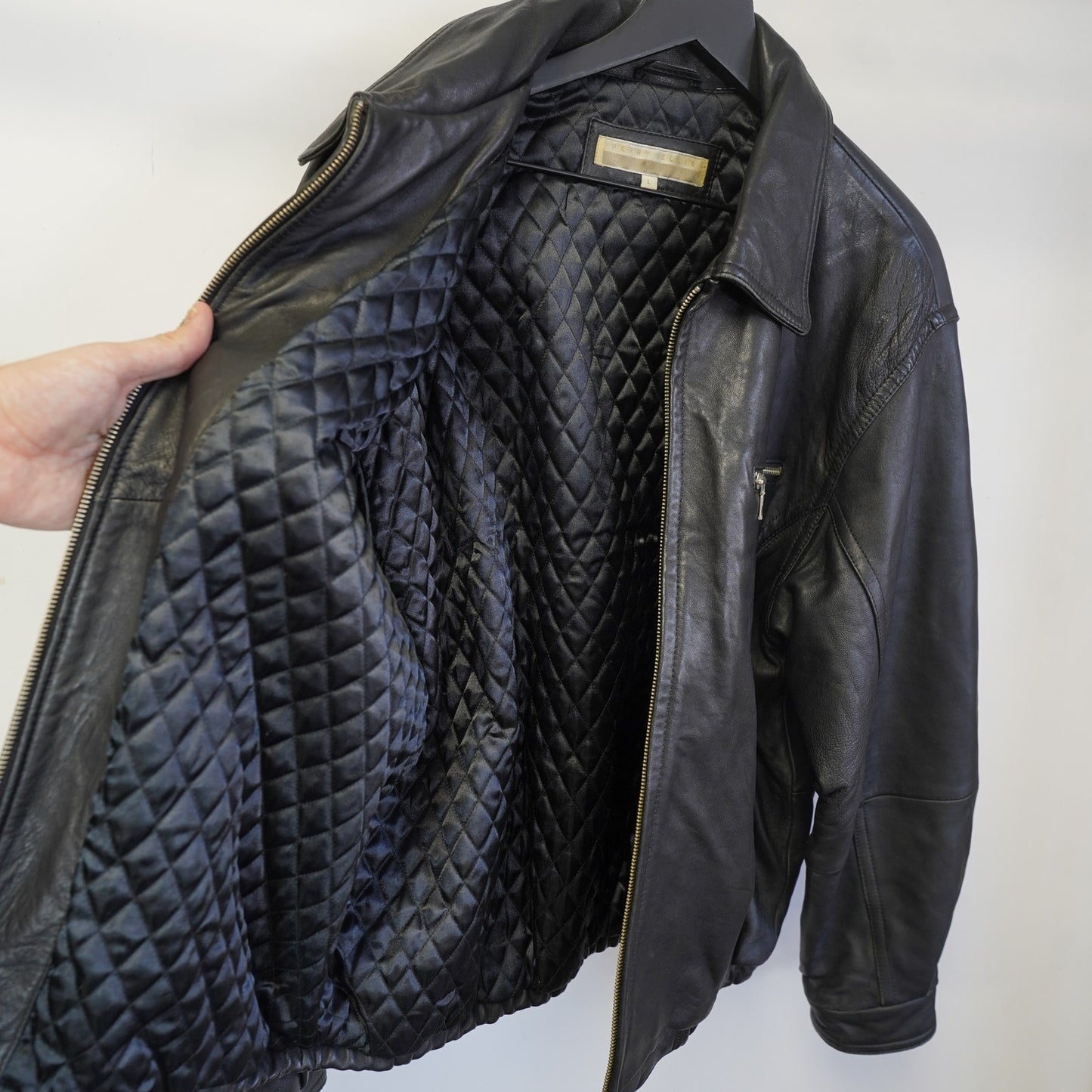 (L) Vintage Perry Ellis Lambskin Leather Black Bomber Jacket Men's L Pilot Retro