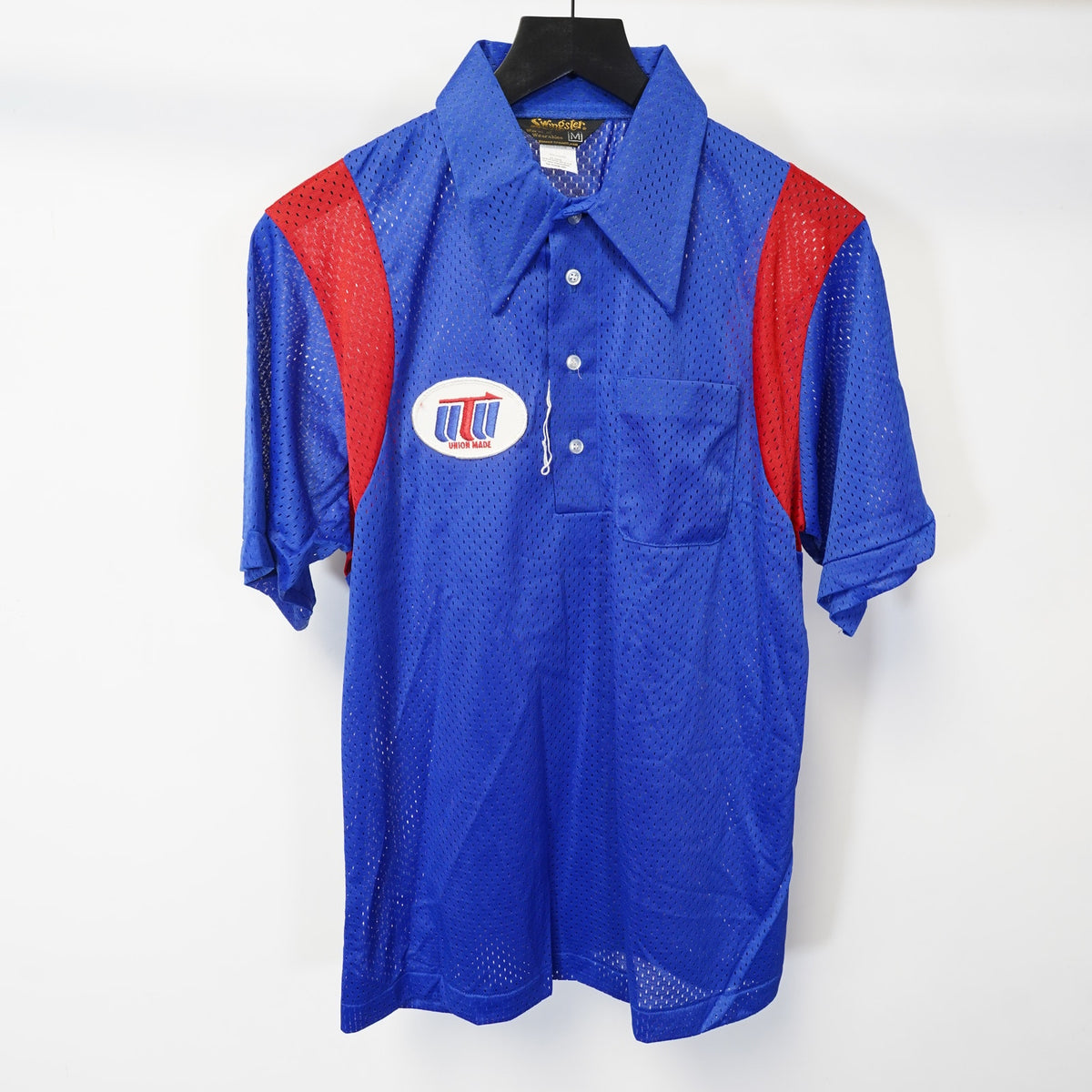 (M) True Vintage Union Made Swingster Mesh Wide Collar Polo Shirt Men's M Blue 70s