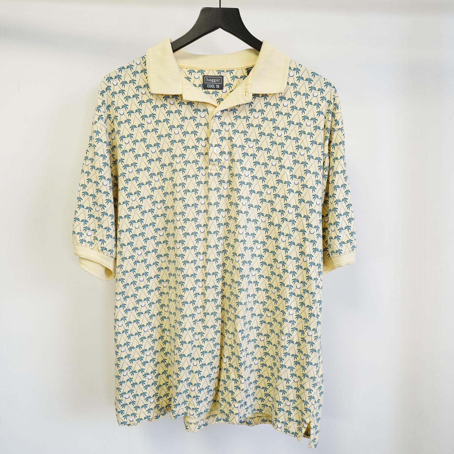 (M) Vintage Haggar Cool 18 All Over Print Golf Polo Shirt Men's M Yellow Tropical