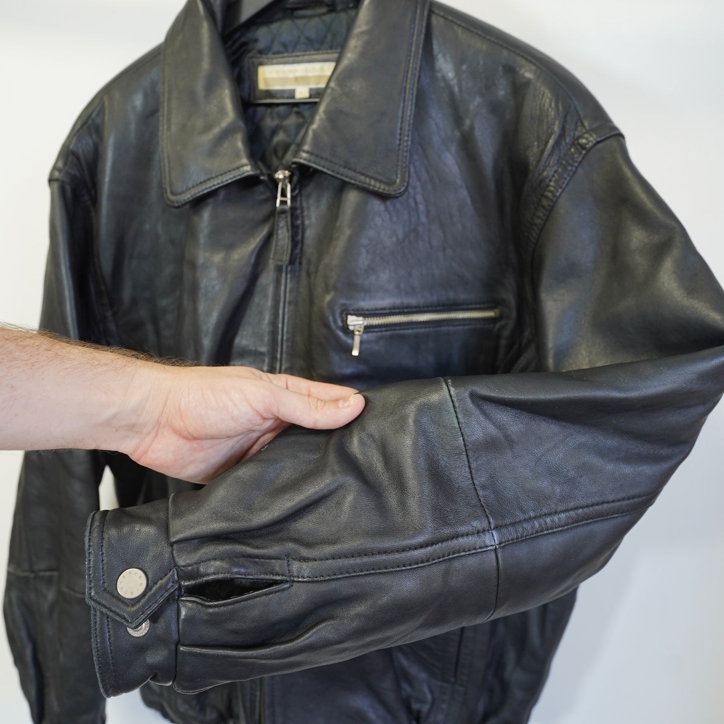 (L) Vintage Perry Ellis Lambskin Leather Black Bomber Jacket Men's L Pilot Retro