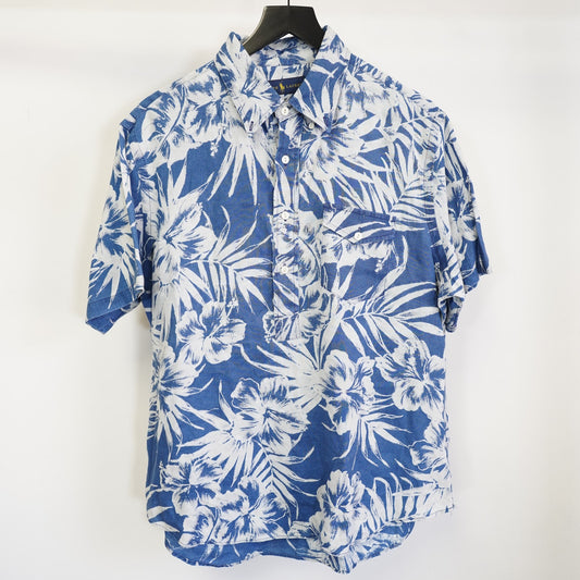 (L) Polo Ralph Lauren 100% Line Floral Popover Hawaiian Shirt Men's L Blue White
