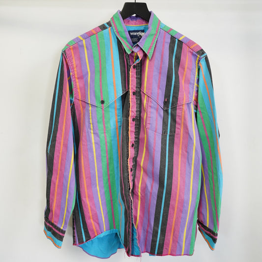 (L) Vintage Wrangler Brush Popper Stripe Western 16.5-35 Button Up Shirt Multicolor