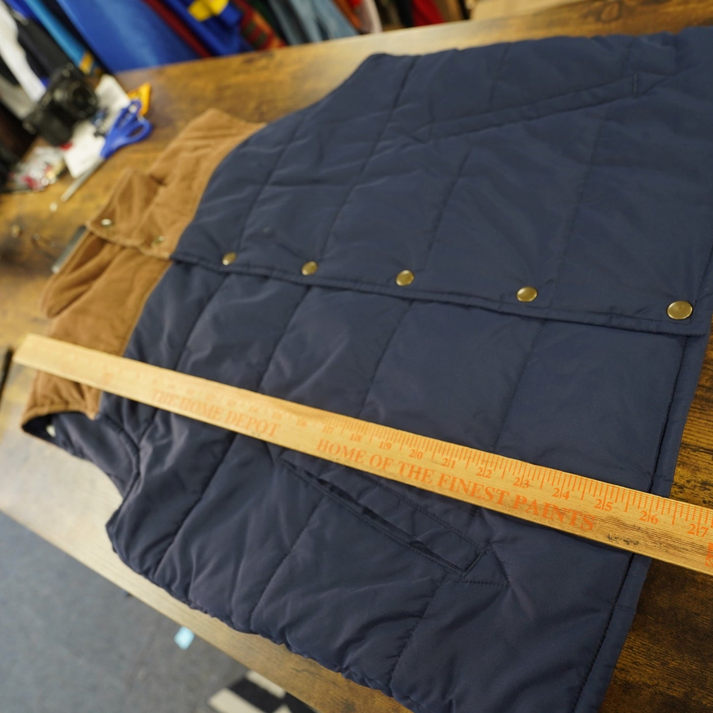 (L) J Crew Outerwear Puffer Vest Men's L Blue Brown Two Tone Quilted Corduroy