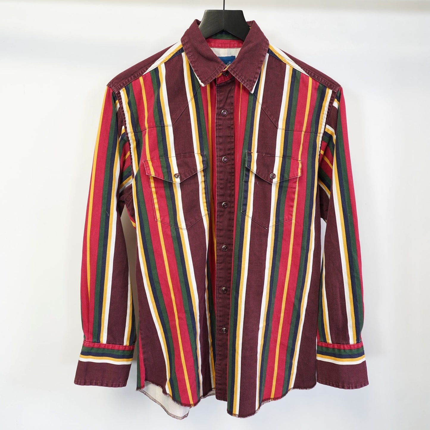 (M) Vintage Wrangler Brush Popper Western Pearl Snap Button Up Striped Mens M Red 90
