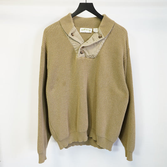 (XL) Vintage Orvis Heavy Knit Commando Fisherman Sweater Men's XL Khaki Shawl Collar
