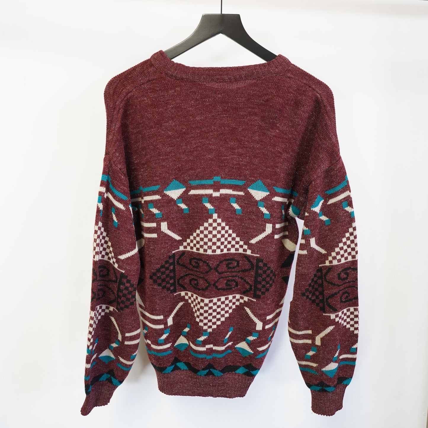 (M) Vintage 90s Evernew Knit Geometric Sweater Men's M Maroon Retro