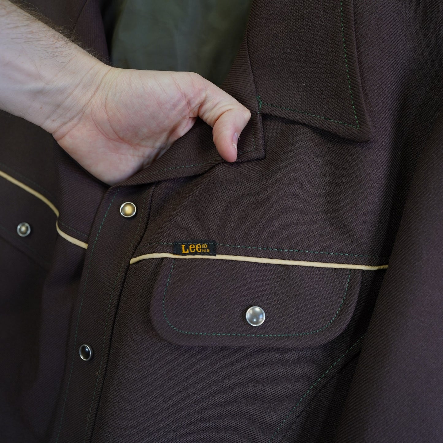 (L) True Vintage Lee Western 70s Polyester Pearl Snap Button Down Shirt Mens L Brown