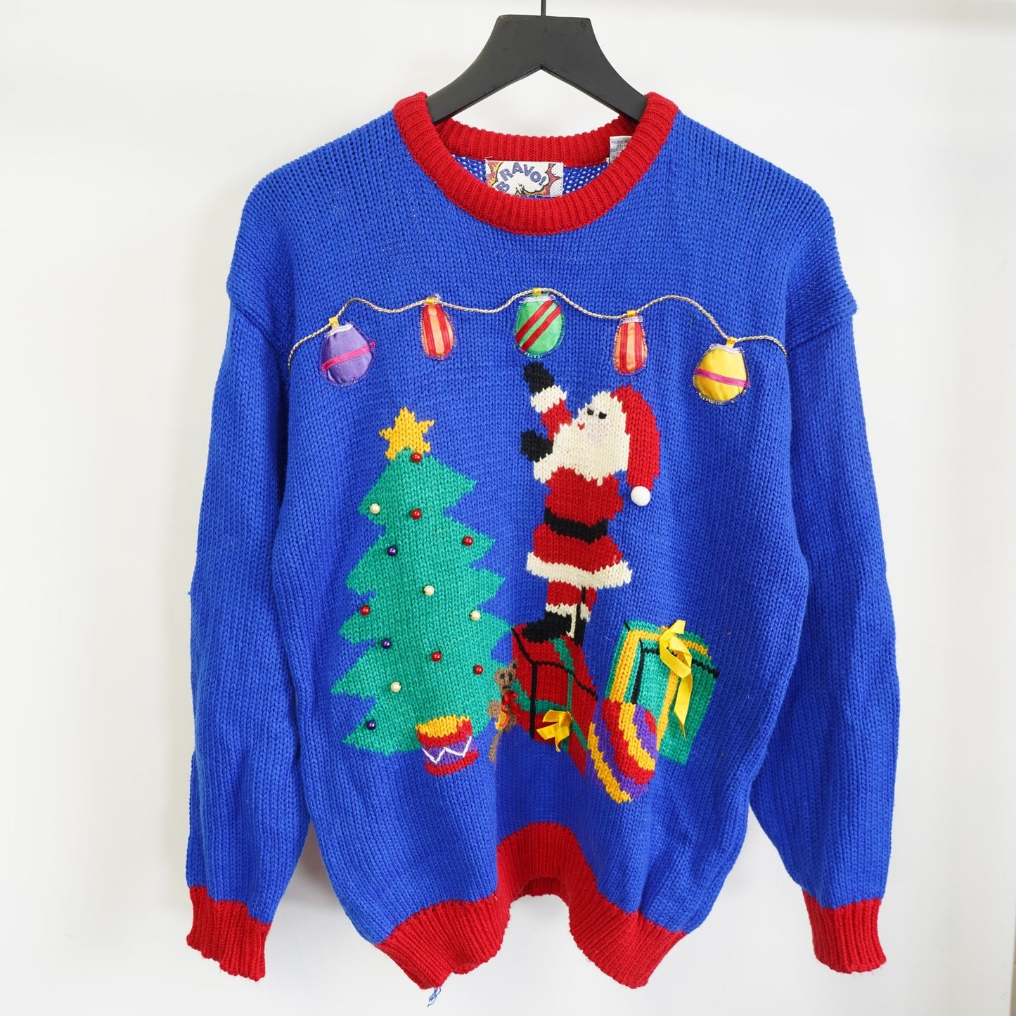 (Women's M) Vintage Bravo Ugly Knit Christmas Sweater Women's M 90s Santa Holiday Blue Sewn