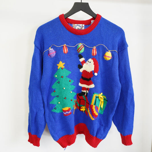 (Women's M) Vintage Bravo Ugly Knit Christmas Sweater Women's M 90s Santa Holiday Blue Sewn