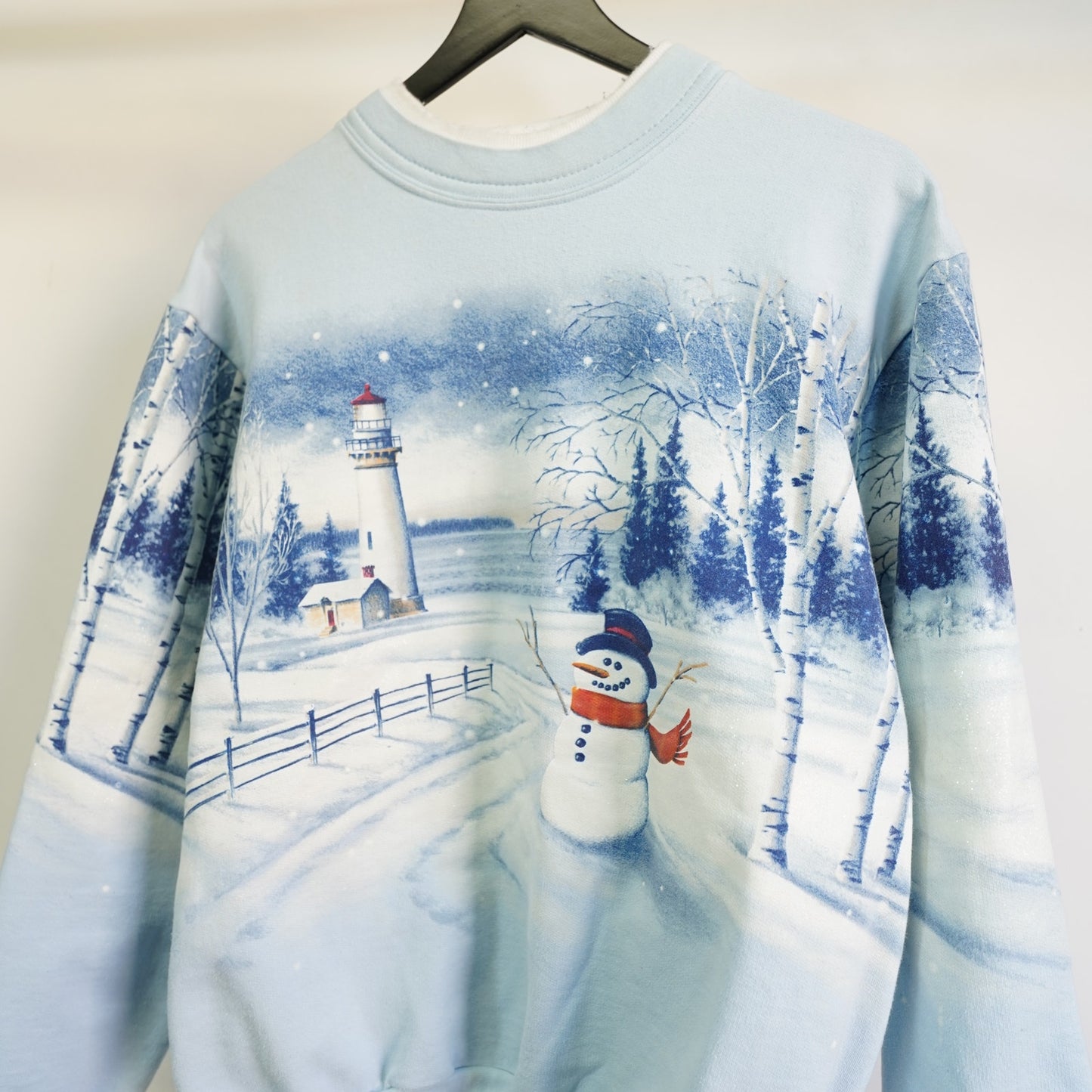 (M) Vintage All Over Print Christmas Frosty the Snowman Sweatshirt Men's M Blue