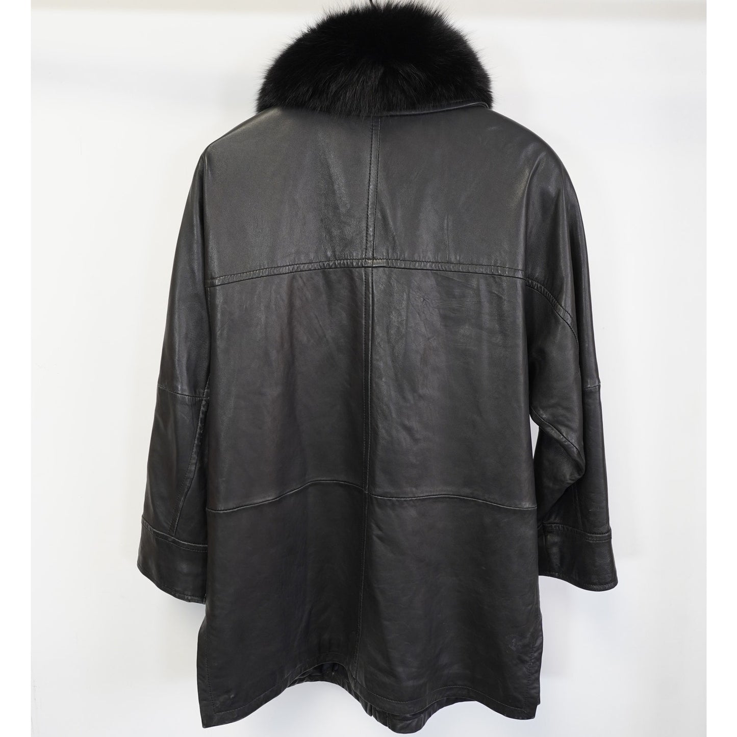 (Women's M) Vintage 90s Black Leather Jacket Fox Fur Collar LNR Women's M Trench Coat Glam