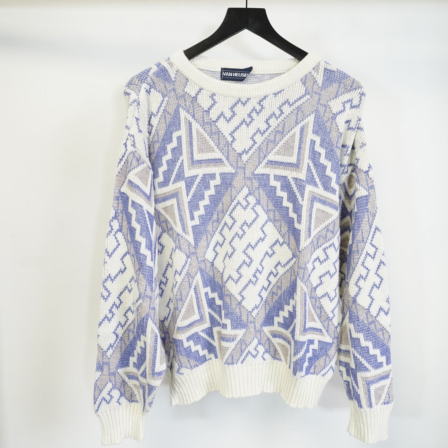 (L) Vintage Van Heusen Geometric Western Knit Sweater Men's L Blue White 90s Retro