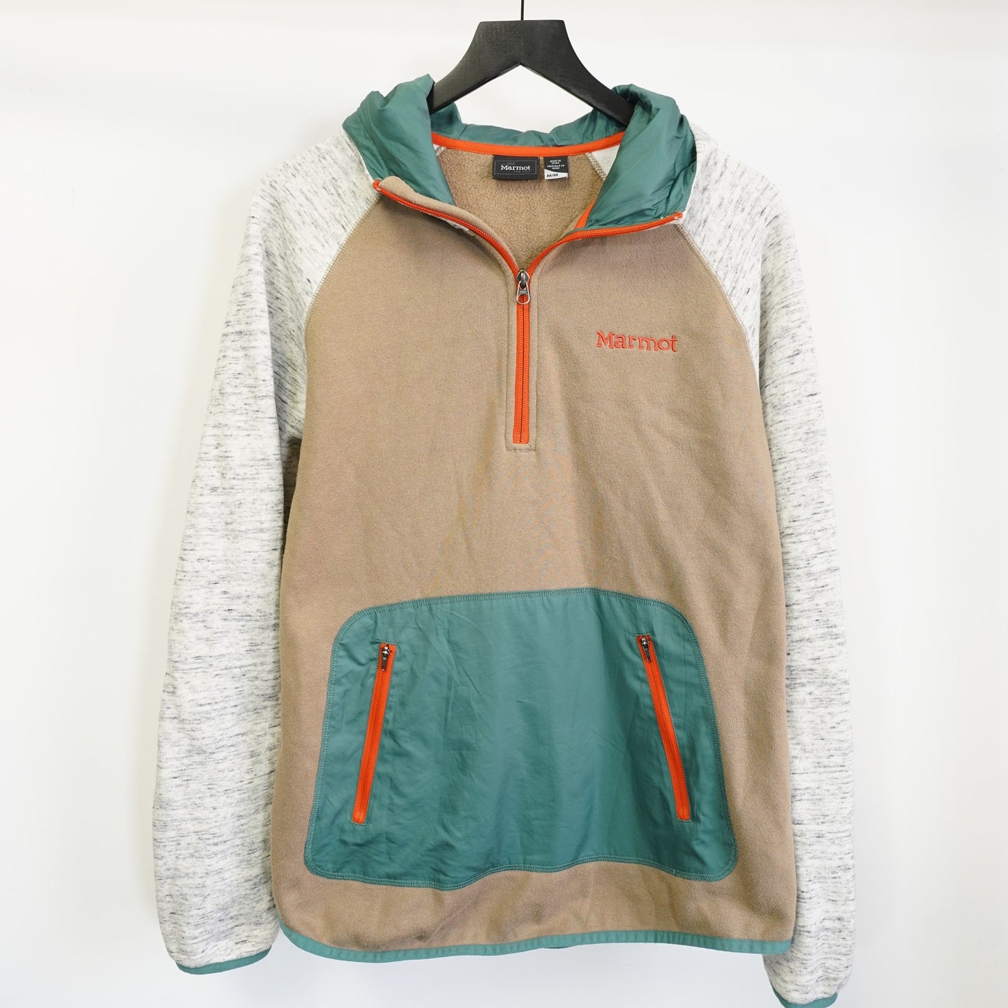 (M) Marmot Mens Gunnison 1/4 Zip Hoodie Men's M Tan Gray Gorpcore Outdoors Hiking