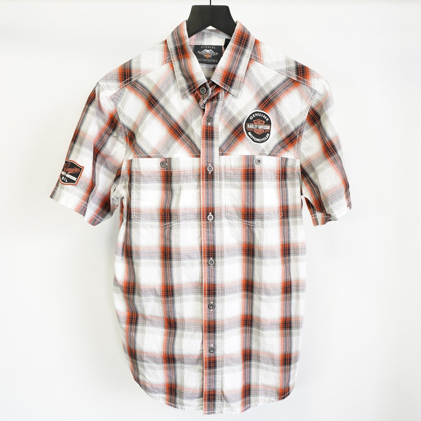 (S) Harley Davidson Motorcycles Plaid Button Up Biker Work Shirt Mens S White Orange