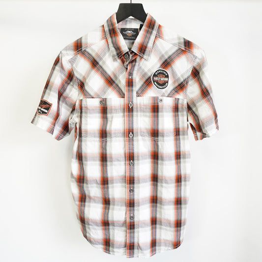 (S) Harley Davidson Motorcycles Plaid Button Up Biker Work Shirt Mens S White Orange