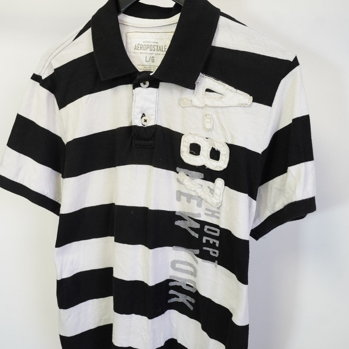 (L) Aeropostale Sewn Striped Y2K Polo Shirt Men's L White Black 2000s Preppy