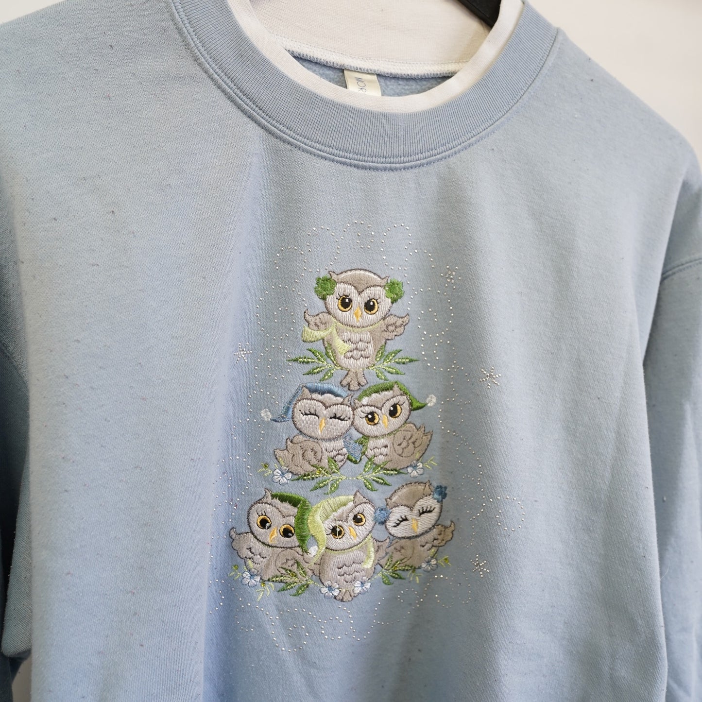 Vintage Owl (Women's XXL) Embroidered Nature Christmas Sweater Women's 2XL Blue Granny Cottage