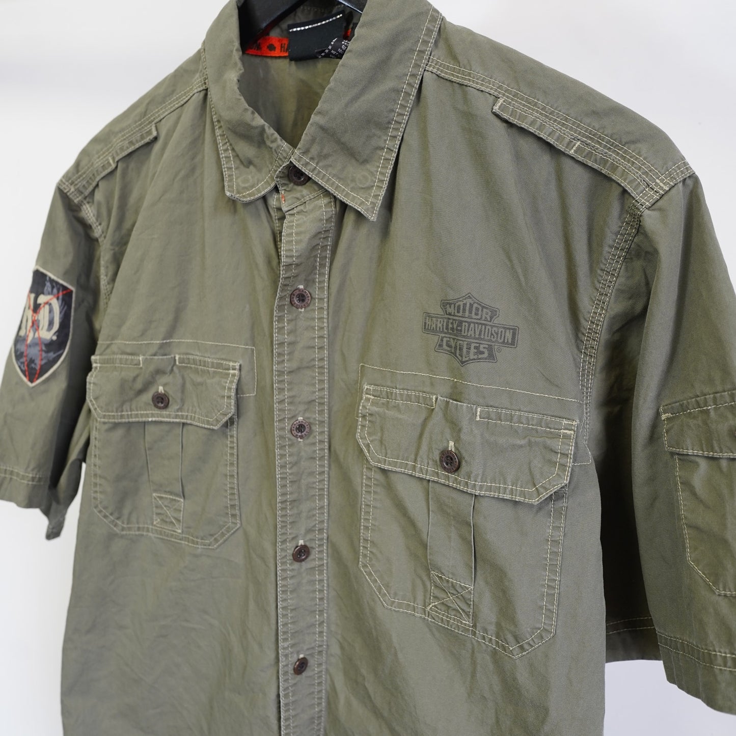 (M) Vintage Harley Davidson Motorcycles Patchwork Button Up Shirt Mens M Green Biker
