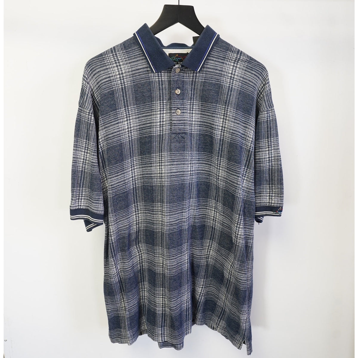 (XL) Vintage Greg Norman Plaid 90s Golf Polo Shirt Men's XL Navy White Retro