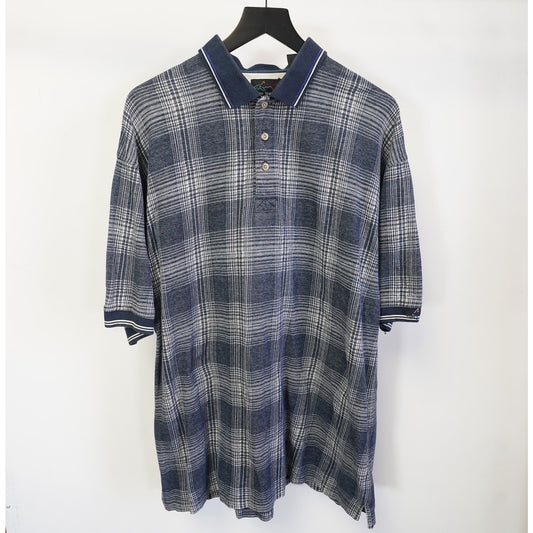 (XL) Vintage Greg Norman Plaid 90s Golf Polo Shirt Men's XL Navy White Retro