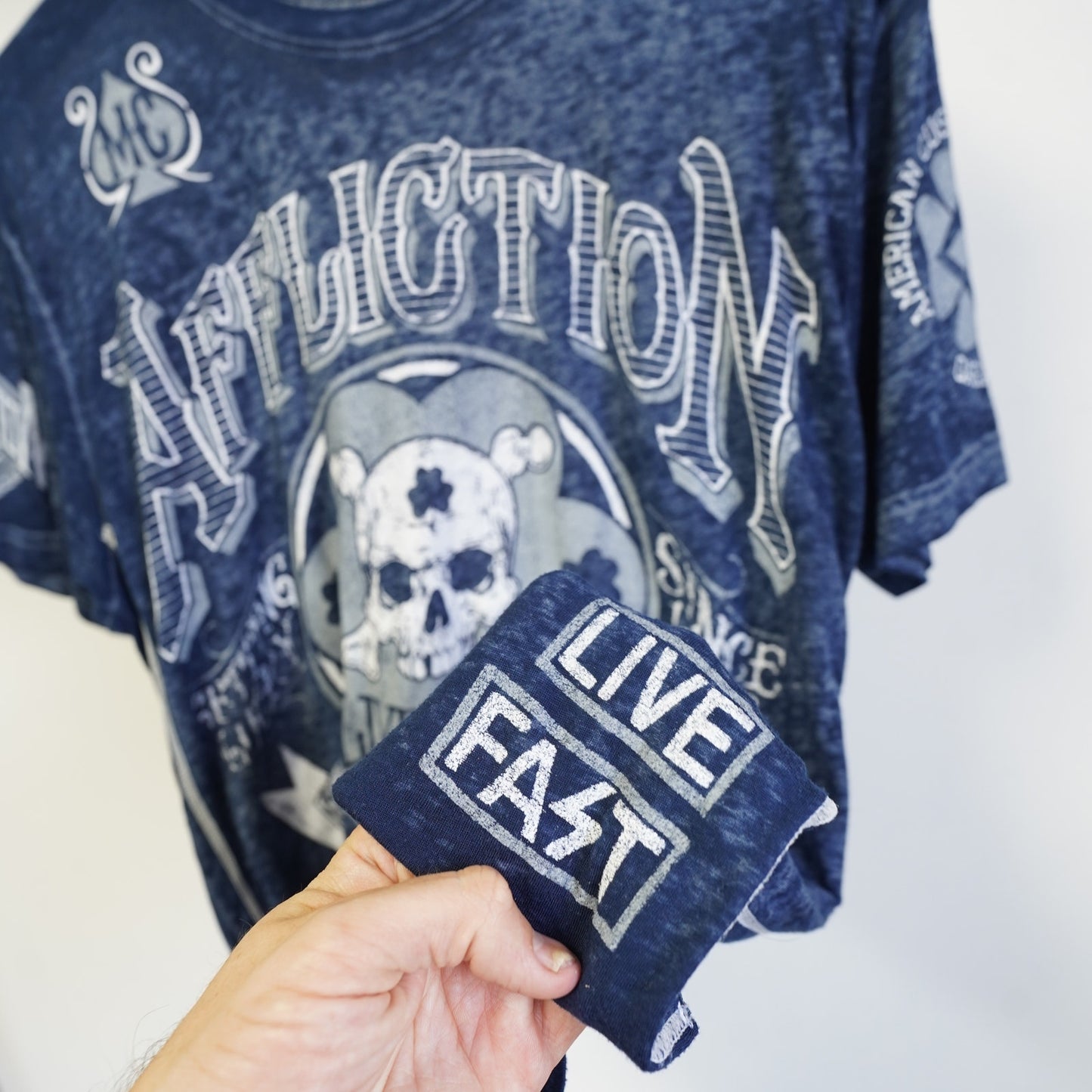 (L) Vintage Affliction MMA Motorcycles T-Shirt Y2K Men's L 2000s Blue Skull